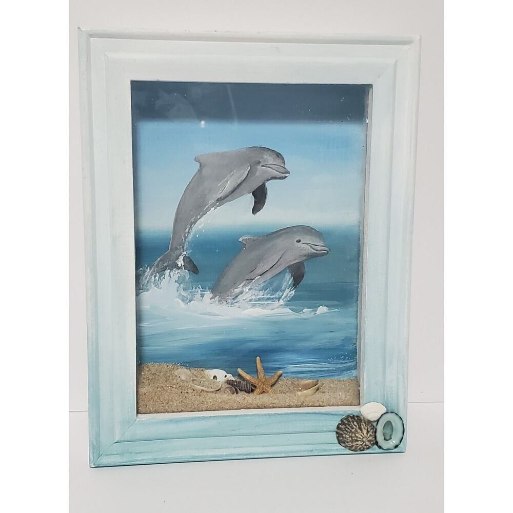 Lisa Edmonds Art Hand-Painted Signed #710-677‎ Dolphin Pair Shadow Box Nautical